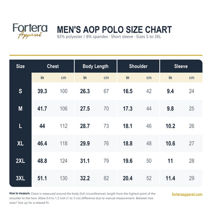 Men's AOP polo size chart, sizes S to 3XL, chest, body length, shoulder and sleeve in inches and cm