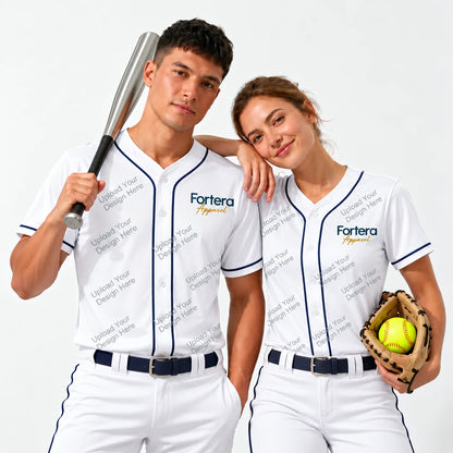 Custom baseball jersey upload your design mockup, button front jersey with contrast piping on two players