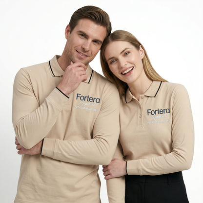 Beige long sleeve work polo shirt with embroidered logo and dark contrast tipping - side view
