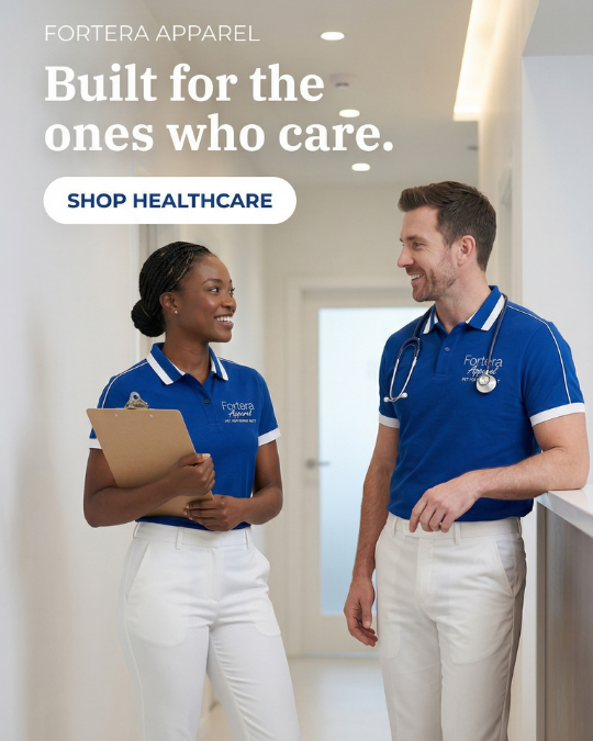 Custom embroidered medical polo shirts for healthcare staff - Fortera Apparel