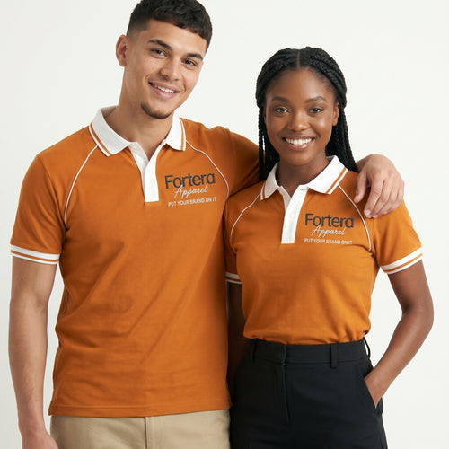 Orange moisture wicking polo uniform with white piping detail on collar and chest - side view