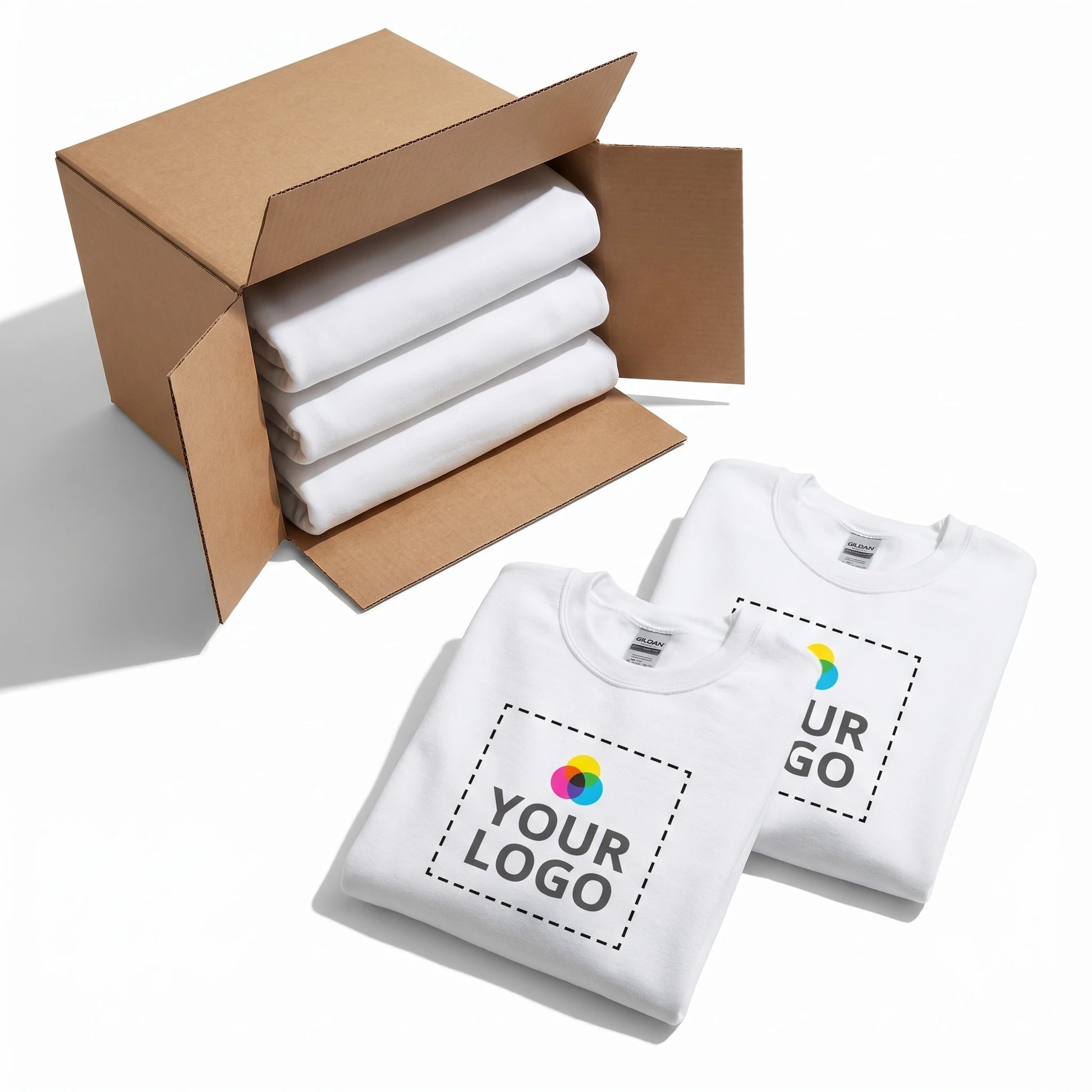 Custom Crewneck Sweatshirt with Logo - Packaging box with folded sweatshirts