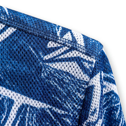 Custom AOP Polo fabric close-up - 92% polyester 8% spandex performance mesh weave detail with sublimation print quality showcase