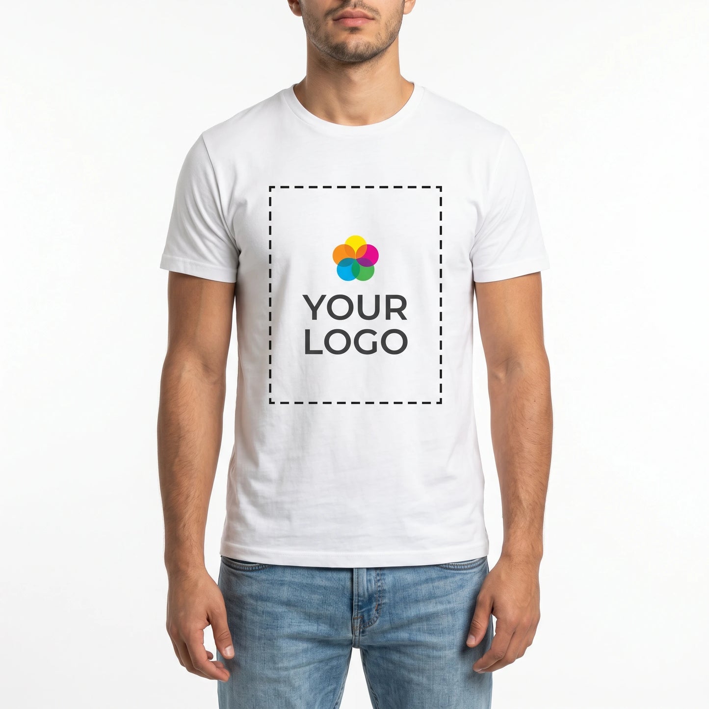 Custom T-Shirt with Logo - Male model front view with YOUR LOGO print zone