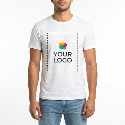 Custom T-Shirt with Logo - Male model front view with YOUR LOGO print zone