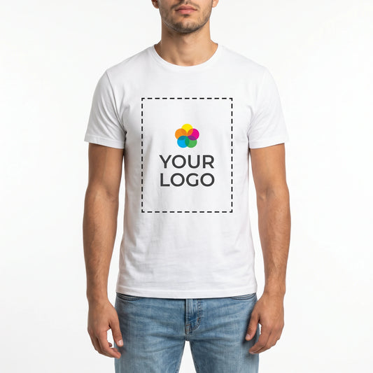 Custom T-Shirt with Logo - Male model front view with YOUR LOGO print zone