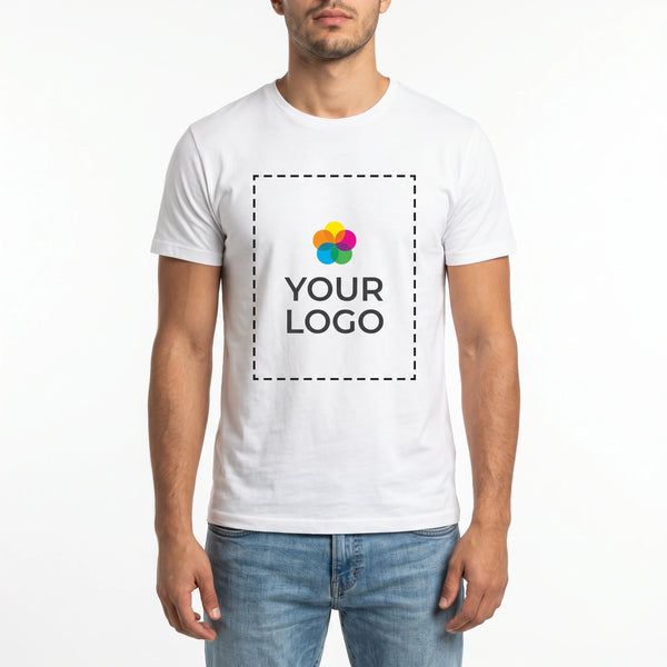 Custom T-Shirt with Logo - Male model front view with YOUR LOGO print zone