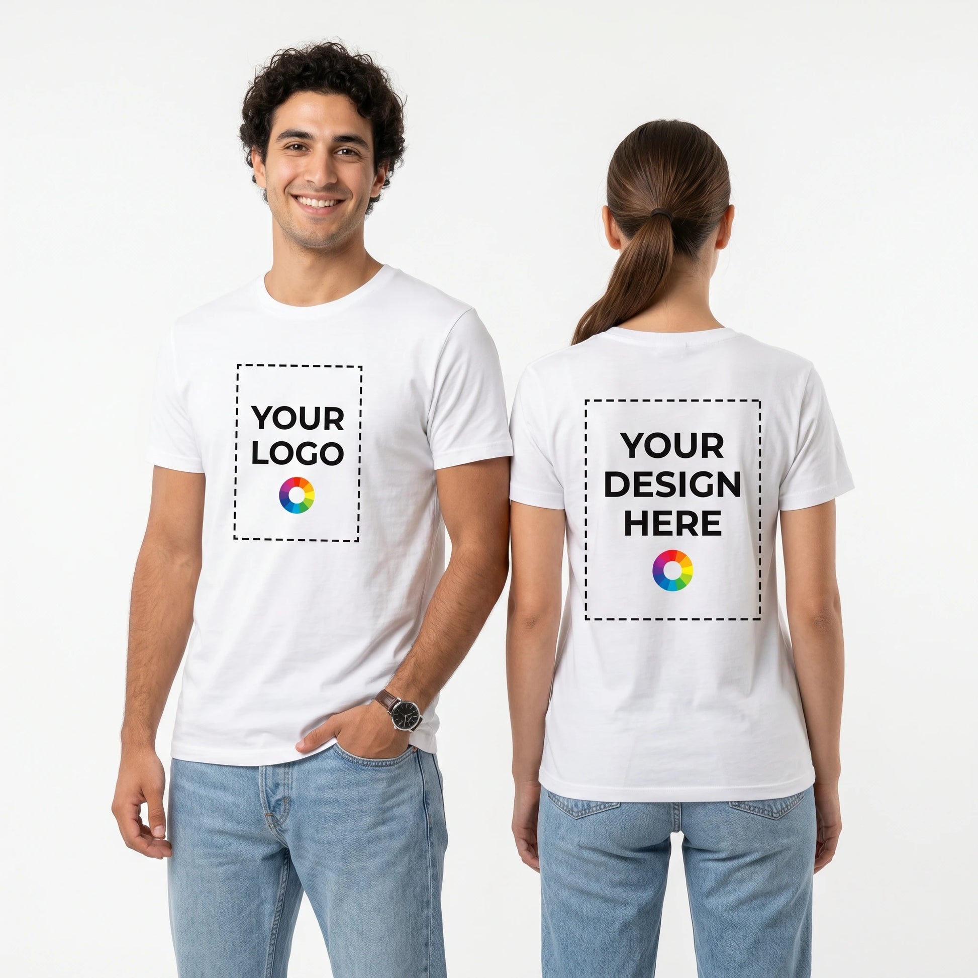 Custom T-Shirt with Logo - Couple front view with print zones