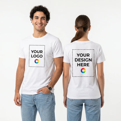 Custom T-Shirt with Logo - Couple front view with print zones