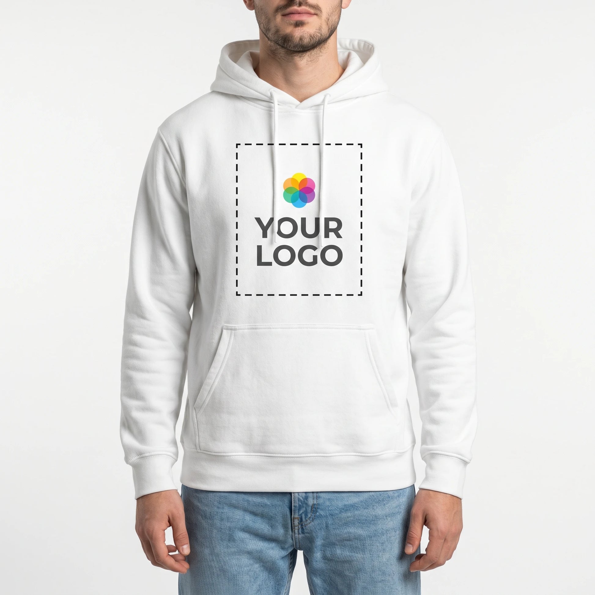 Custom Hoodie with Logo - Male model front view with YOUR LOGO print zone