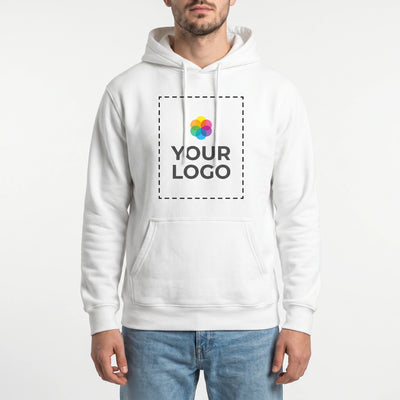 Custom Hoodie with Logo - Male model front view with YOUR LOGO print zone