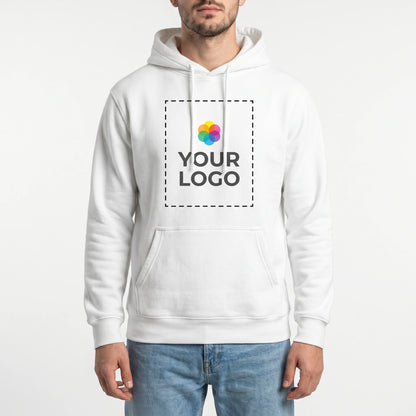 Custom Hoodie with Logo - Male model front view with YOUR LOGO print zone