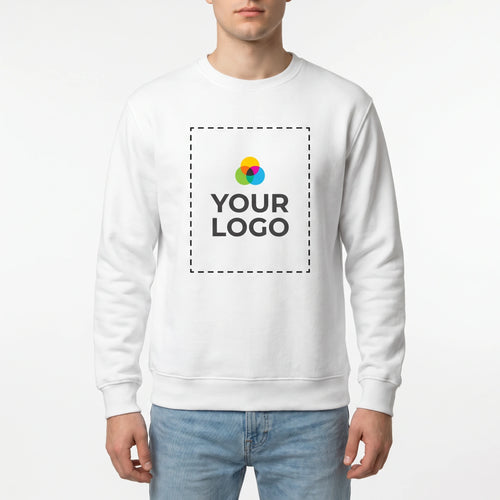 Custom Crewneck Sweatshirt with Logo - Male model front view with YOUR LOGO print zone