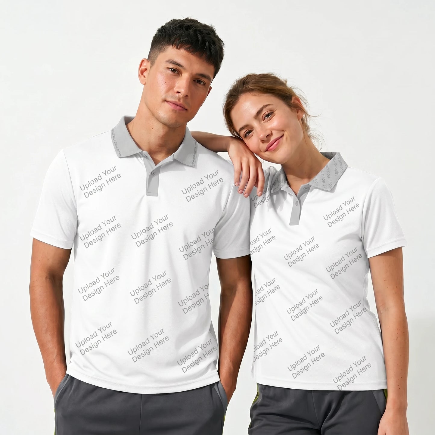 Custom AOP Polo Shirt - Upload Your Own Design - Group of 5 models wearing blank white polo with Upload Your Design Here watermark pattern showing customization capability