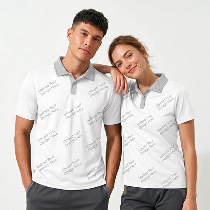 Custom AOP Polo Shirt - Upload Your Own Design - Group of 5 models wearing blank white polo with Upload Your Design Here watermark pattern showing customization capability