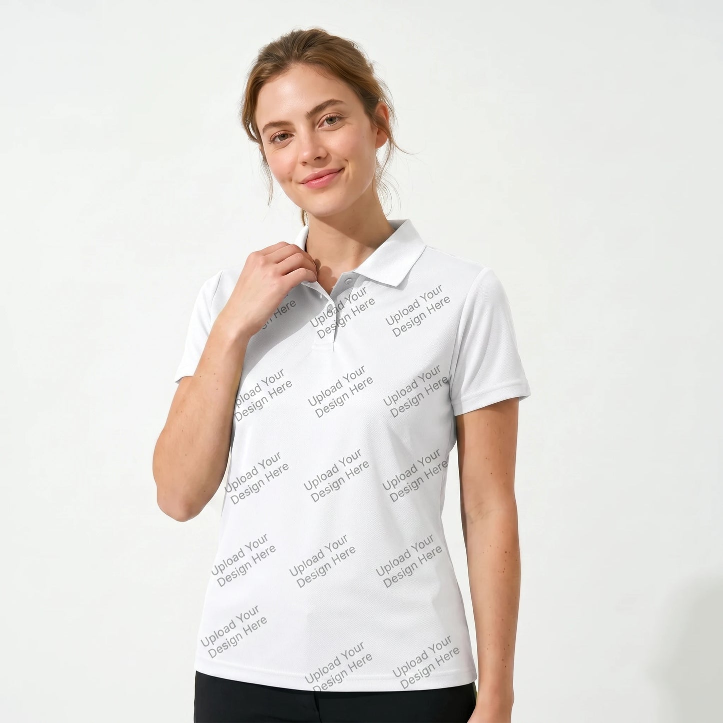 Custom AOP Polo Shirt - Couple wearing blank white polo with Upload Your Design Here watermark pattern, demonstrating all over print upload zone