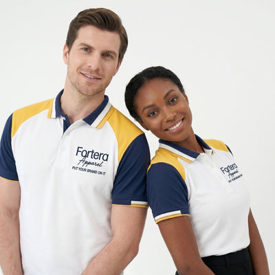 White bulk embroidered polo shirt with navy and yellow shoulder block - side view