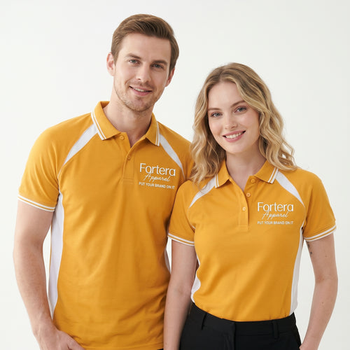 Amber yellow work polo shirt with embroidered logo and white shoulder panel - side view