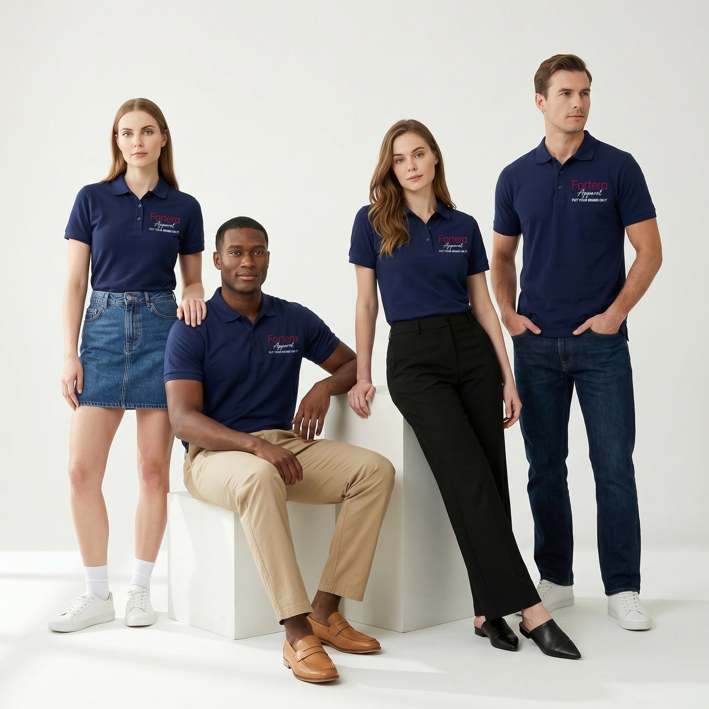 Solid navy custom embroidered polo shirt clean minimal design - back view