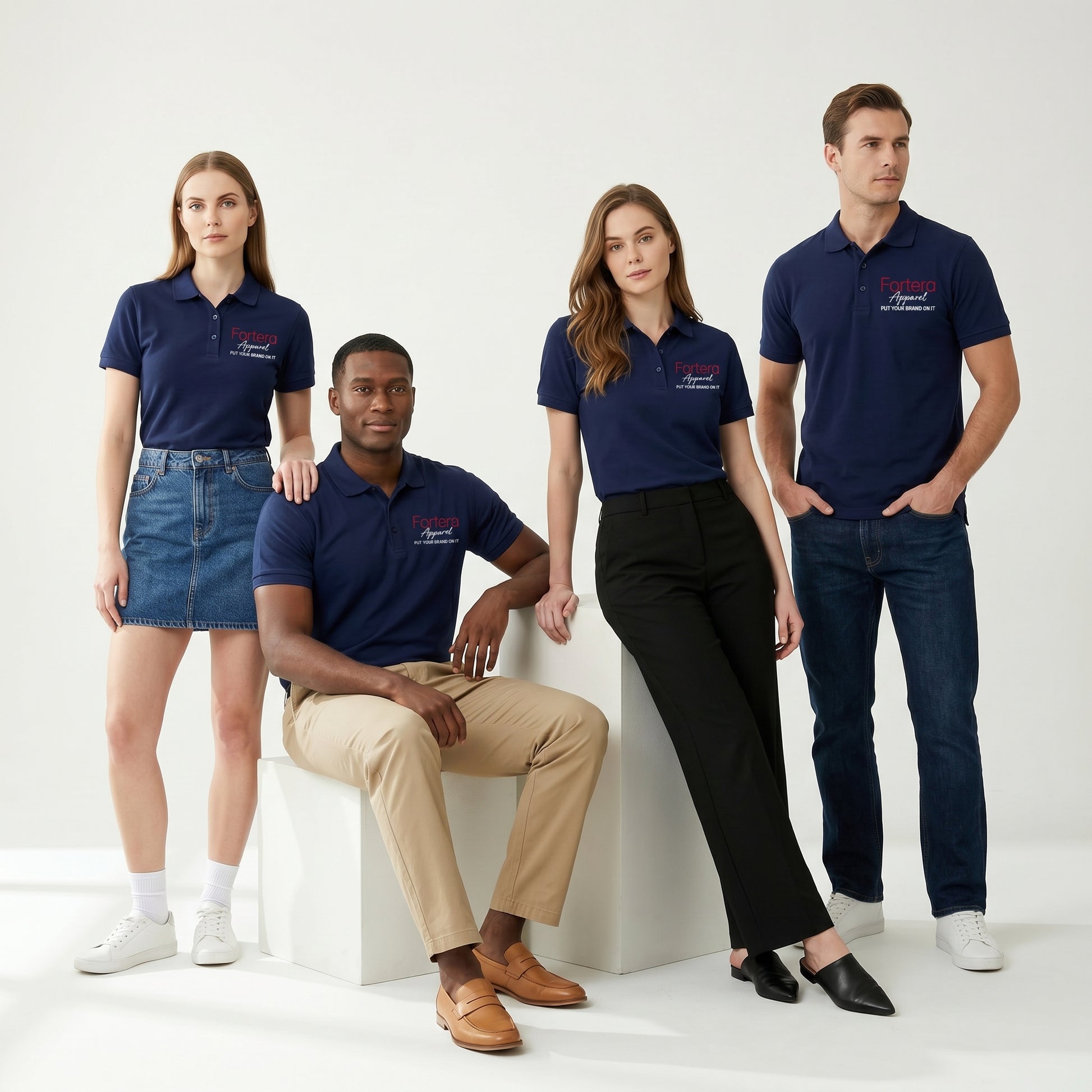 Solid navy custom embroidered polo shirt clean minimal design - back view