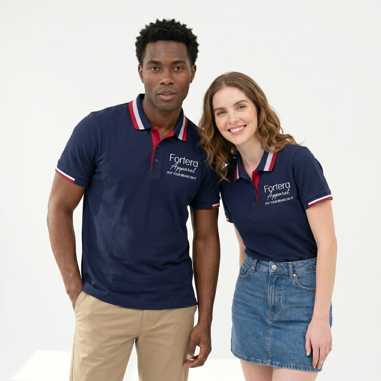 Navy polo shirt with embroidered logo and red white stripe tipping on collar - team uniform group