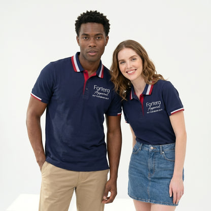 Navy polo shirt with embroidered logo and red white stripe tipping on collar - team uniform group