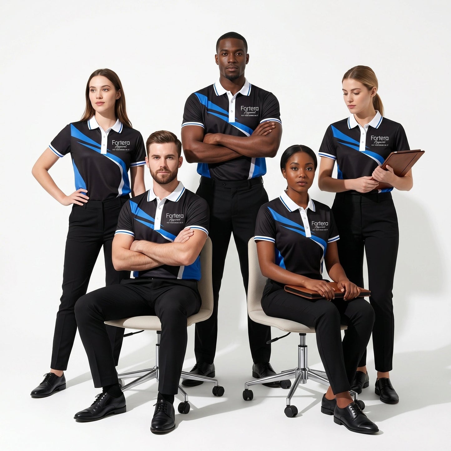 All Over Print Polo Shirt Diagonal Panel worn by team in studio - Fortera Apparel