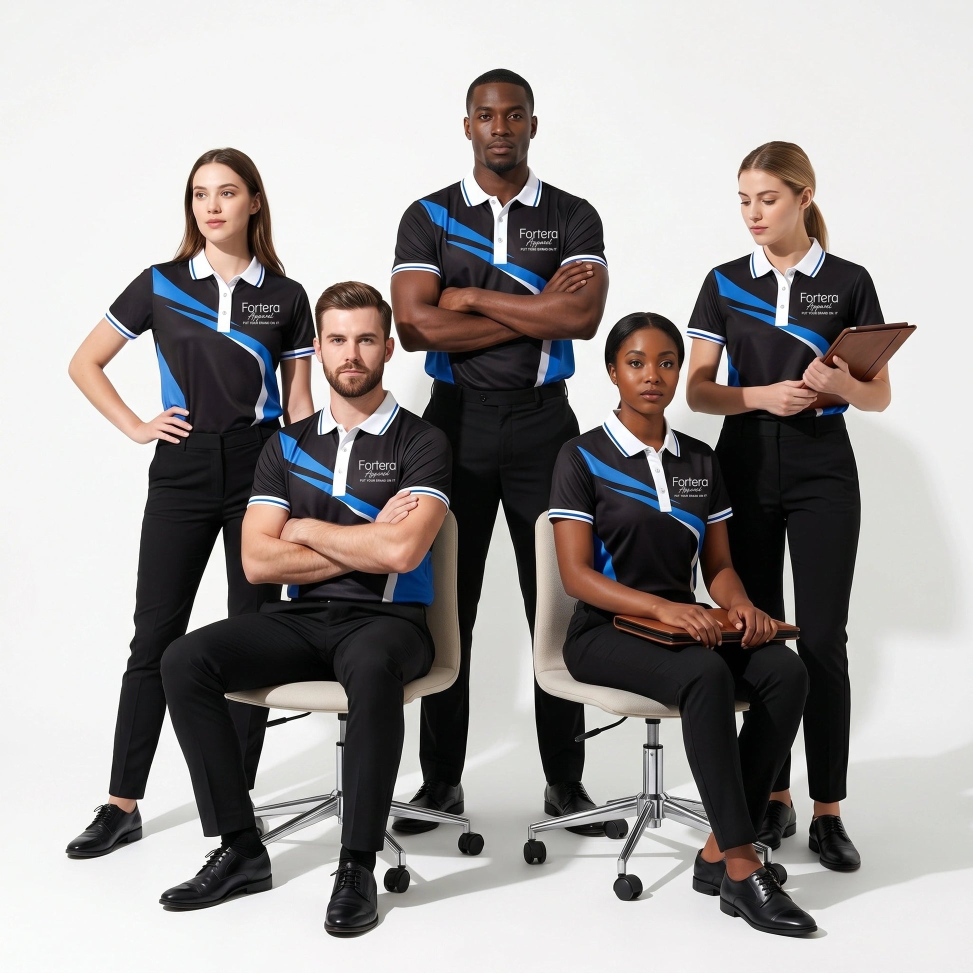 All Over Print Polo Shirt Diagonal Panel worn by team in studio - Fortera Apparel