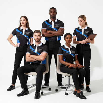All Over Print Polo Shirt Diagonal Panel worn by team in studio - Fortera Apparel