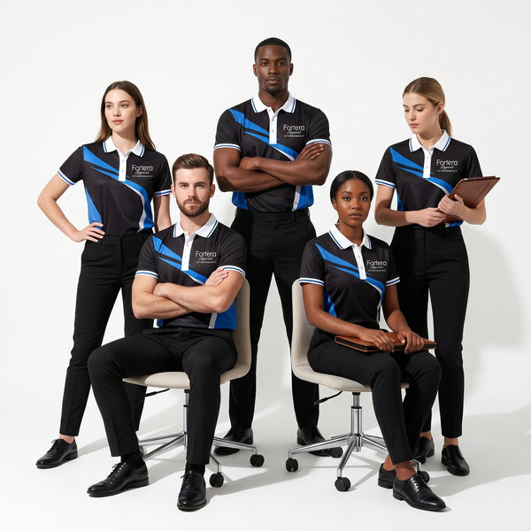 All Over Print Polo Shirt Diagonal Panel worn by team in studio - Fortera Apparel