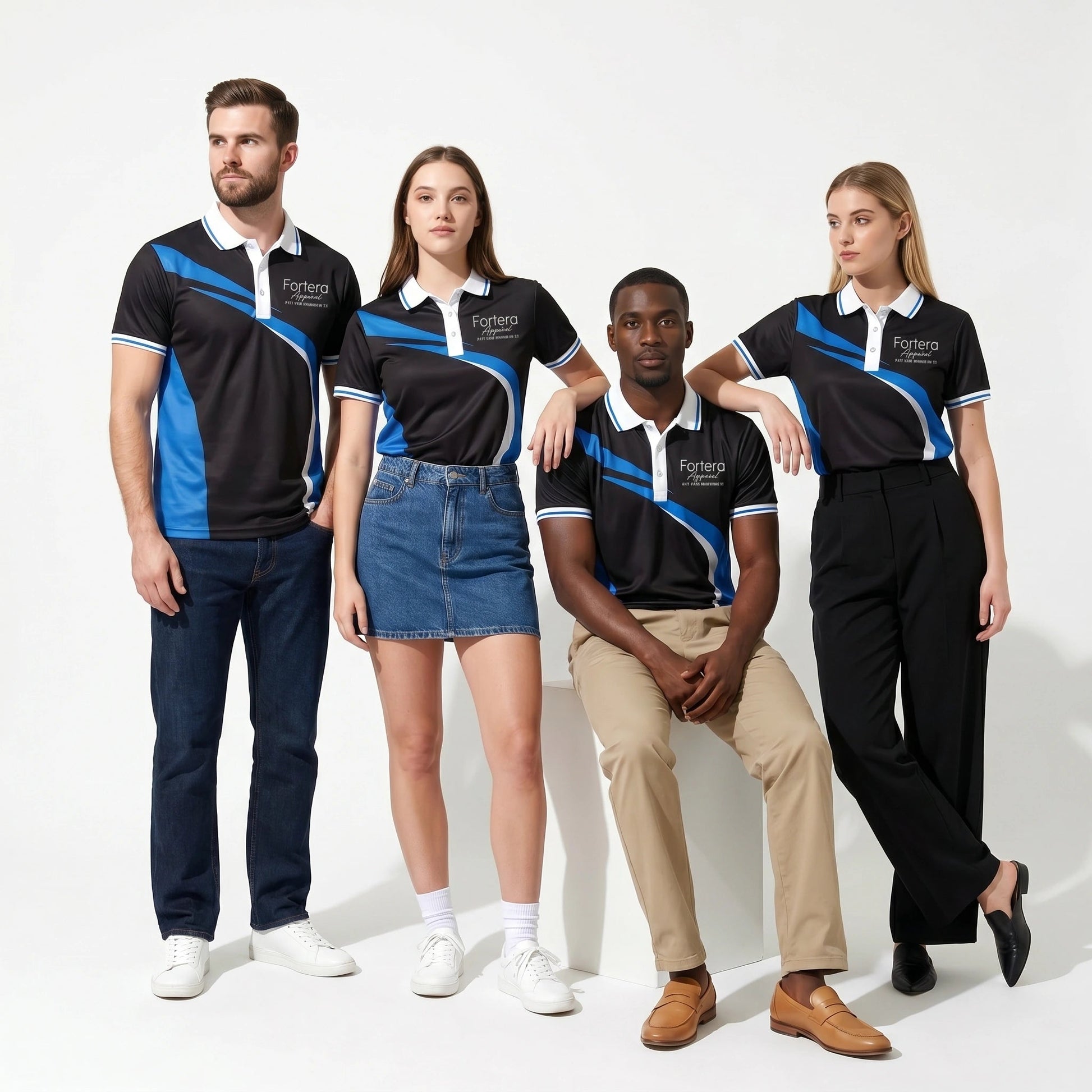 All Over Print Polo Shirt Diagonal Panel team uniform corporate setting - Fortera Apparel