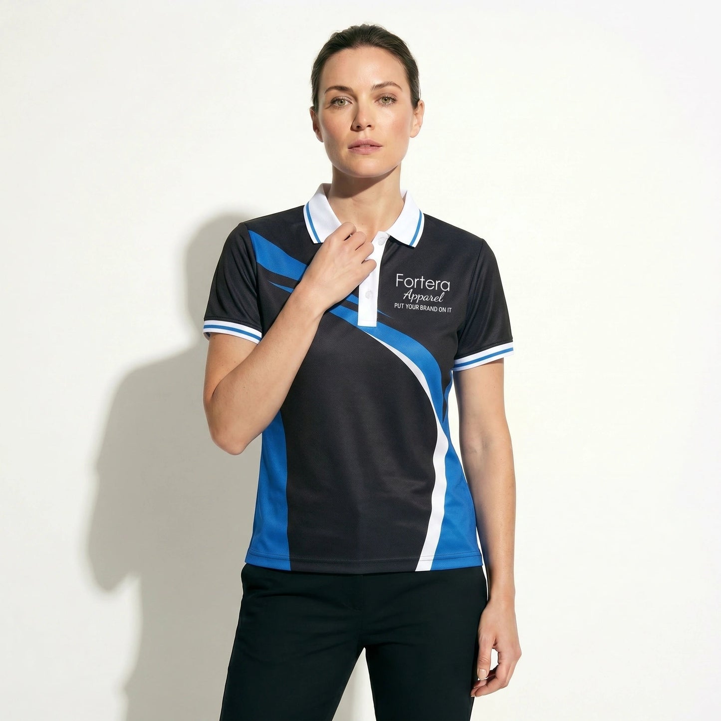 All Over Print Polo Shirt Diagonal Panel close-up chest logo placement - Fortera Apparel