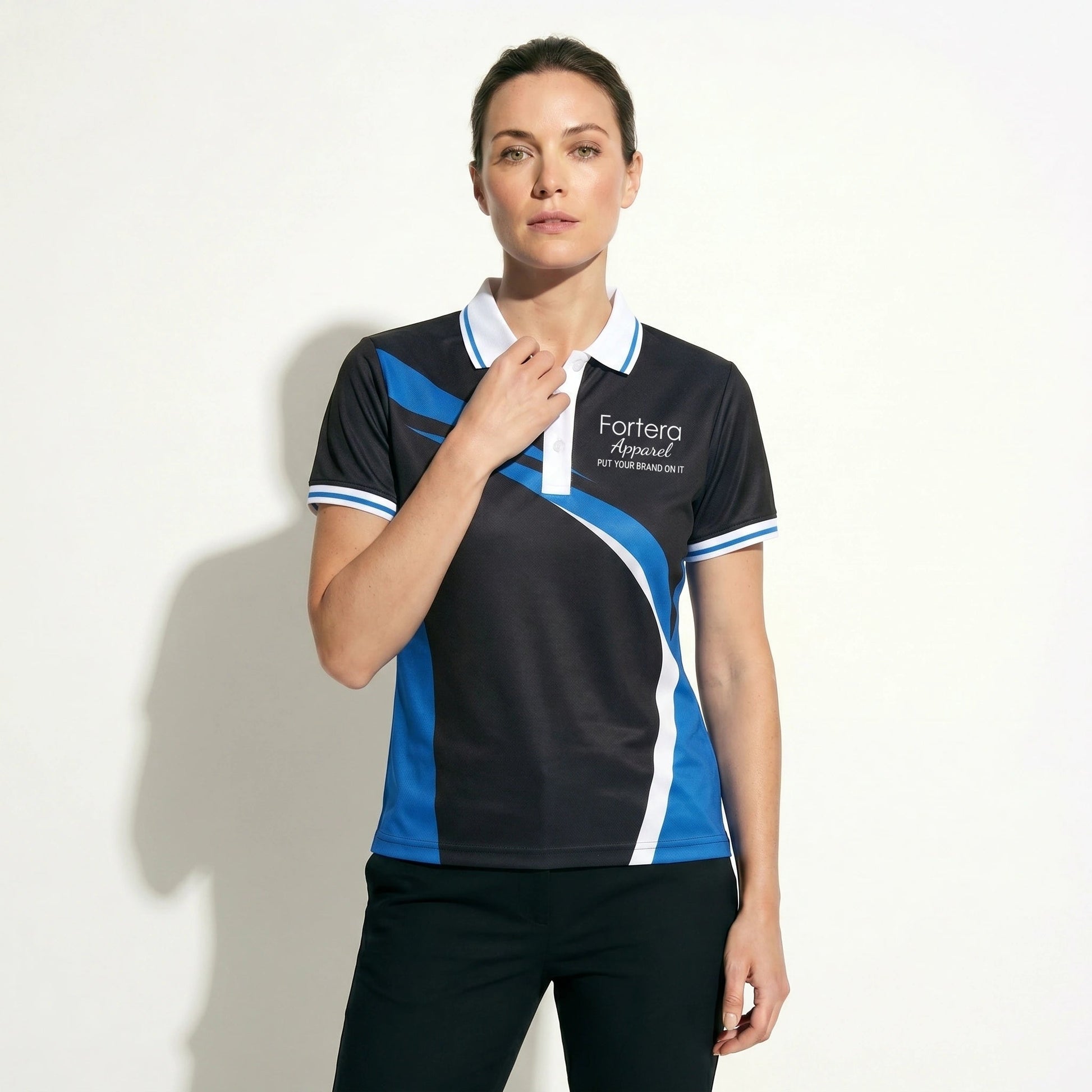 All Over Print Polo Shirt Diagonal Panel close-up chest logo placement - Fortera Apparel
