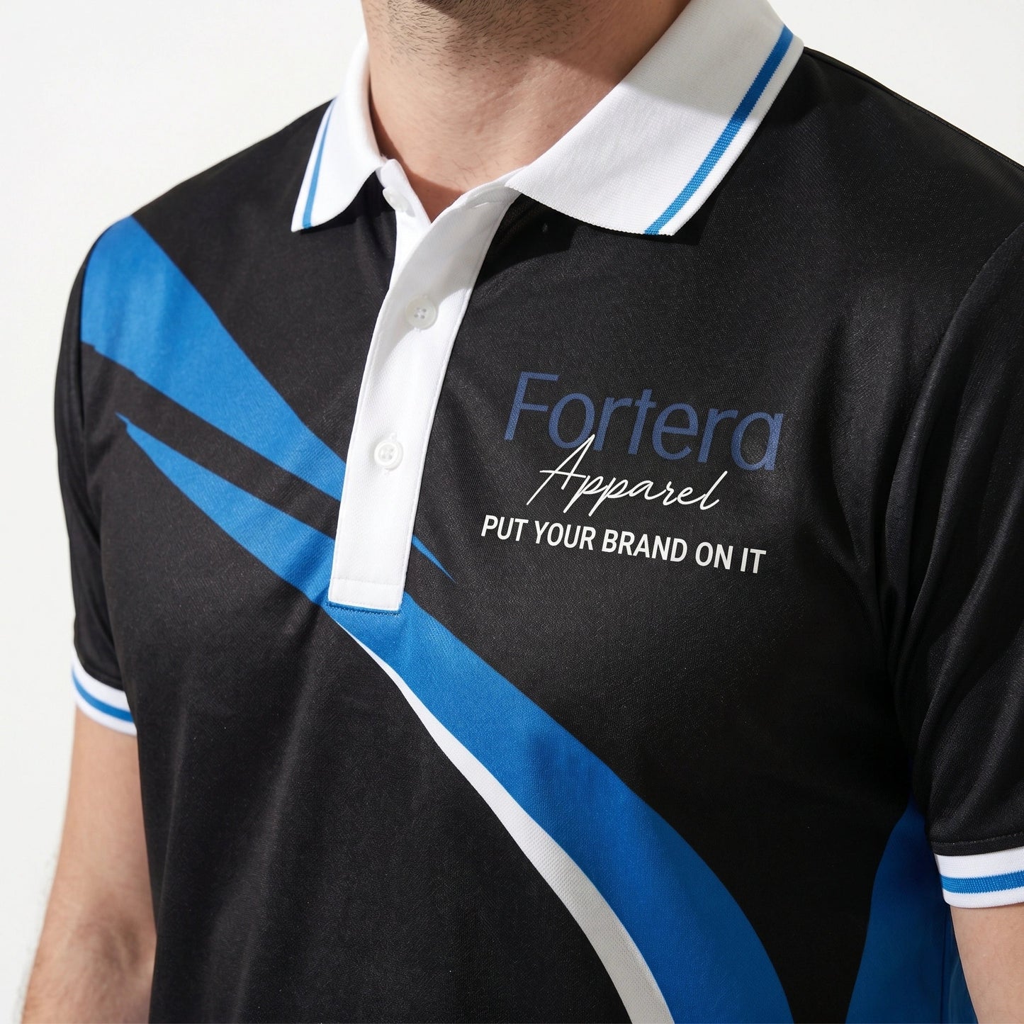 All Over Print Polo Shirt Diagonal Panel side angle detail - Fortera Apparel