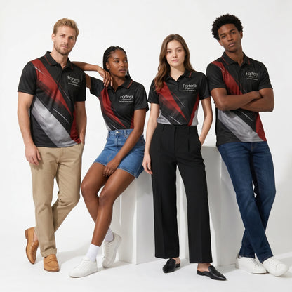 All Over Print Polo Shirt Angular Brush worn by security team in studio - Fortera Apparel