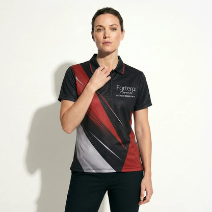 All Over Print Polo Shirt Angular Brush close-up chest logo placement - Fortera Apparel