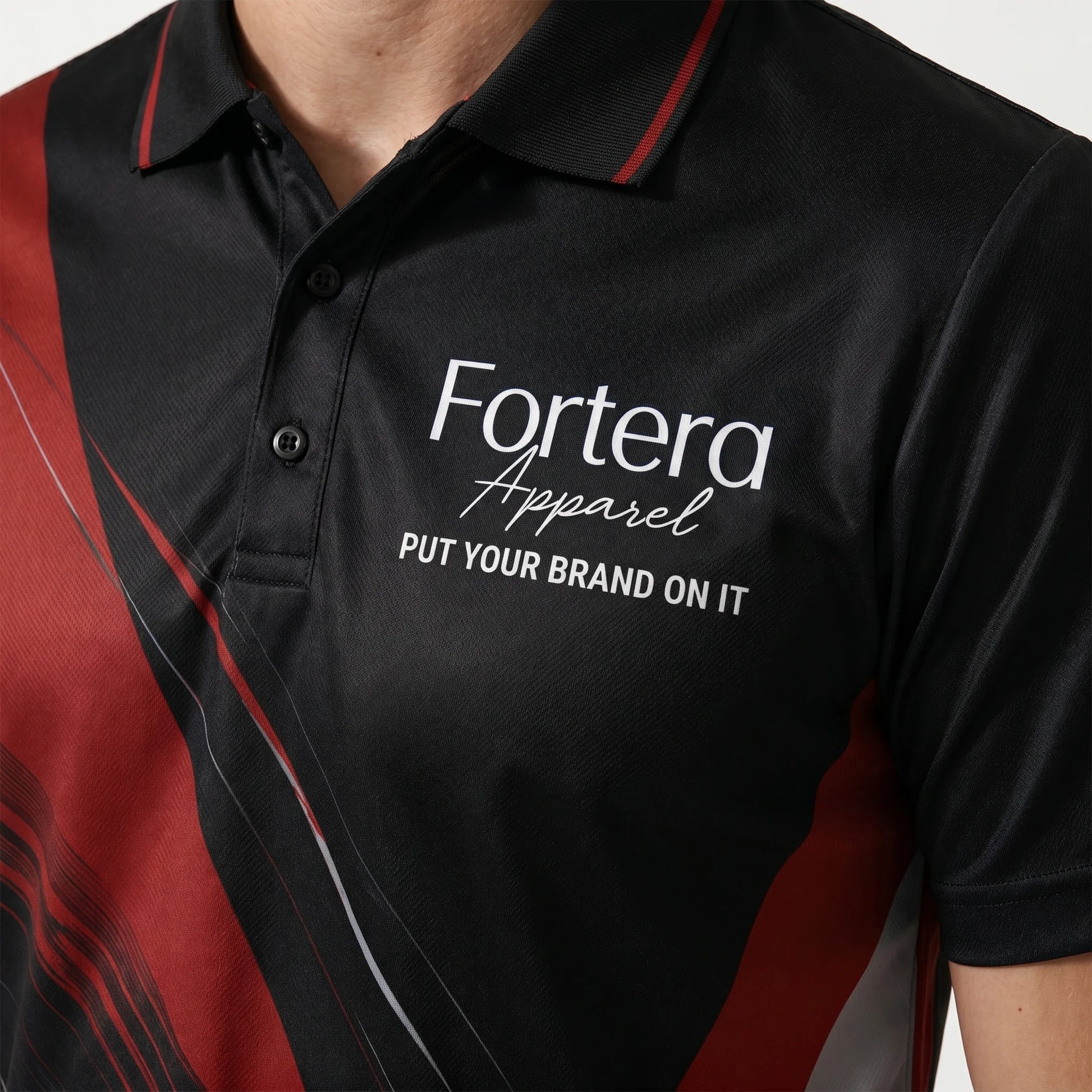 All Over Print Polo Shirt Angular Brush side angle detail - Fortera Apparel