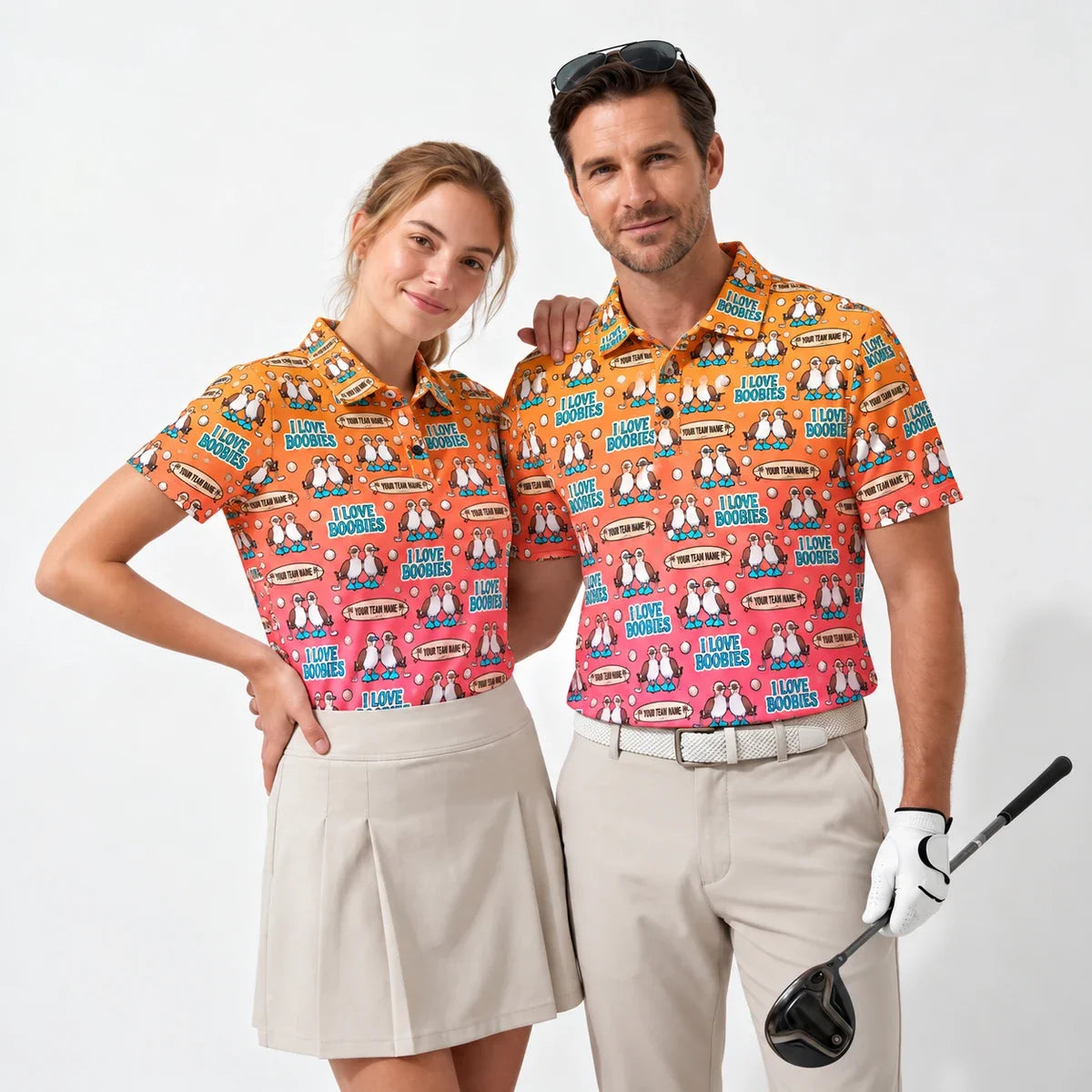 All Over Print Polo Shirt Blue Footed Booby funny golf polo worn by two golfers