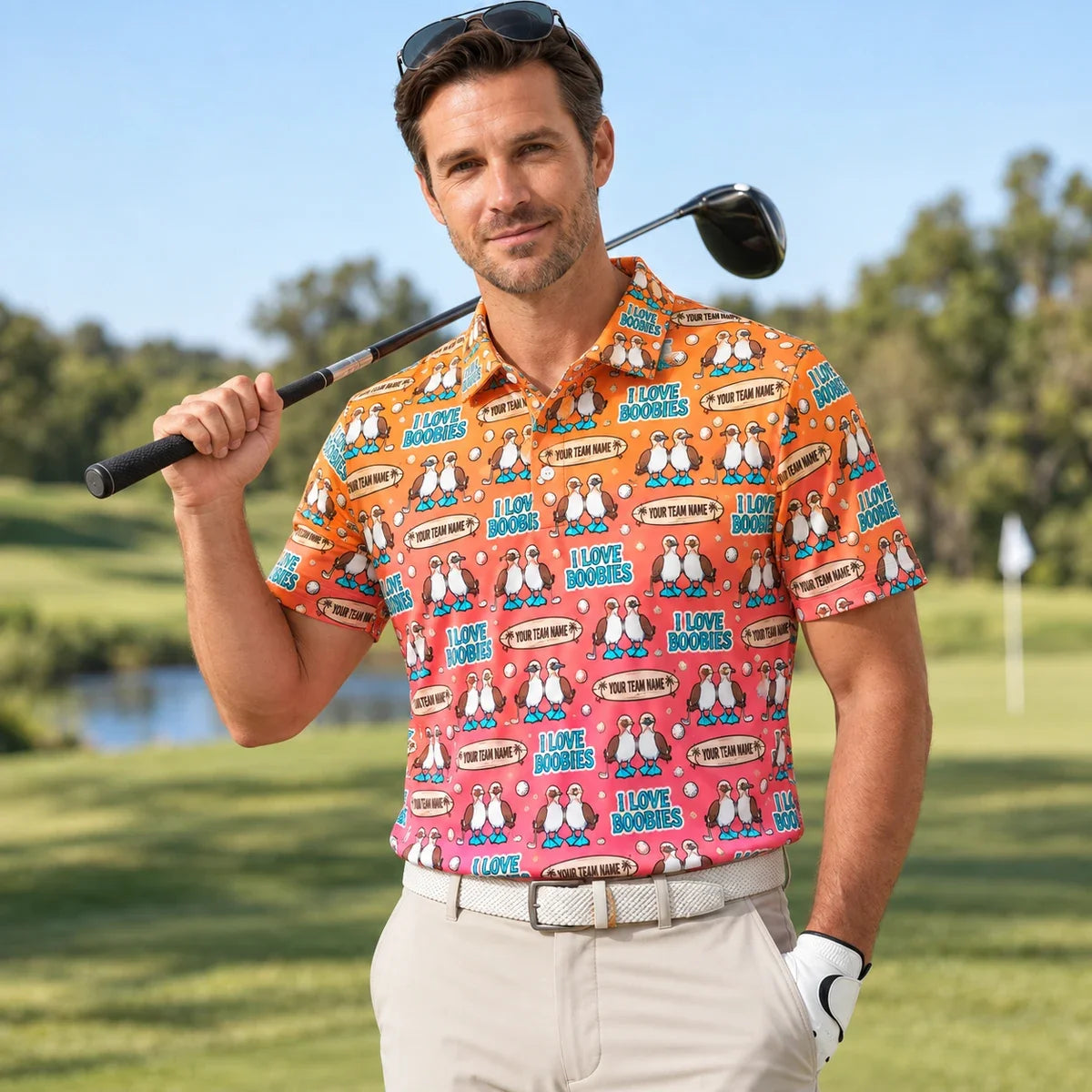 Man wearing the All Over Print Polo Shirt Blue Footed Booby funny golf polo on a golf course