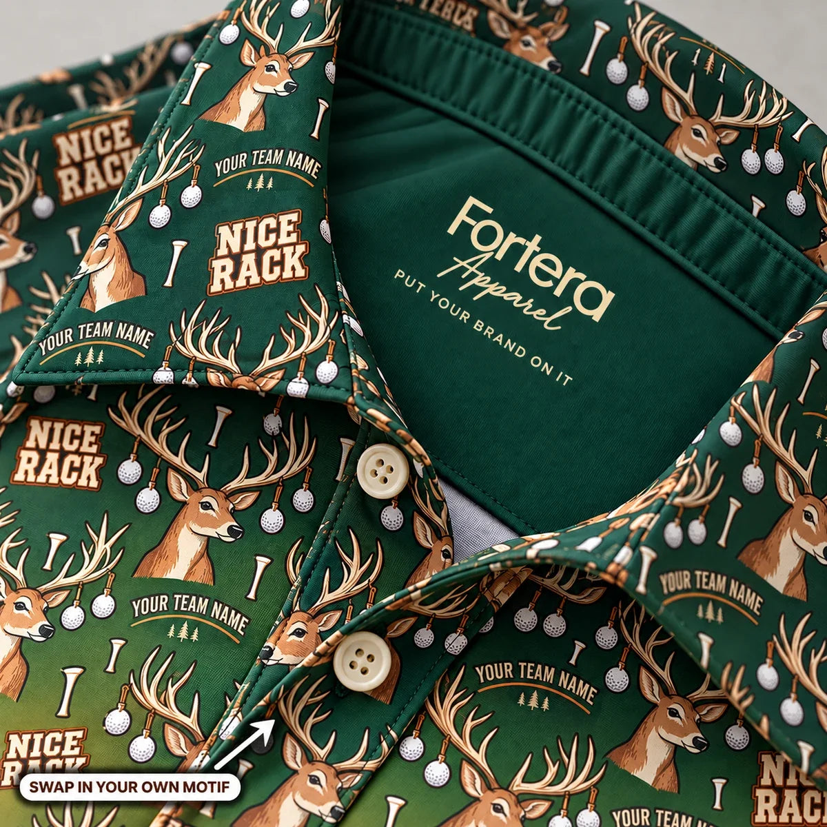 Close-up of the buck rack print on the collar of a funny golf polo