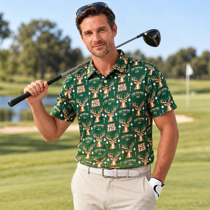 Man wearing the All Over Print Polo Shirt Buck Rack funny golf polo on a golf course