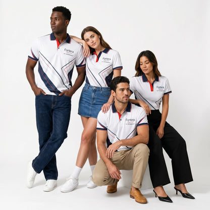 All Over Print Polo Shirt Geo Cross Line worn by automotive team in studio - Fortera Apparel