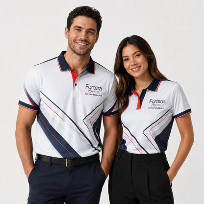 All Over Print Polo Shirt Geo Cross Line automotive uniform in corporate setting - Fortera Apparel