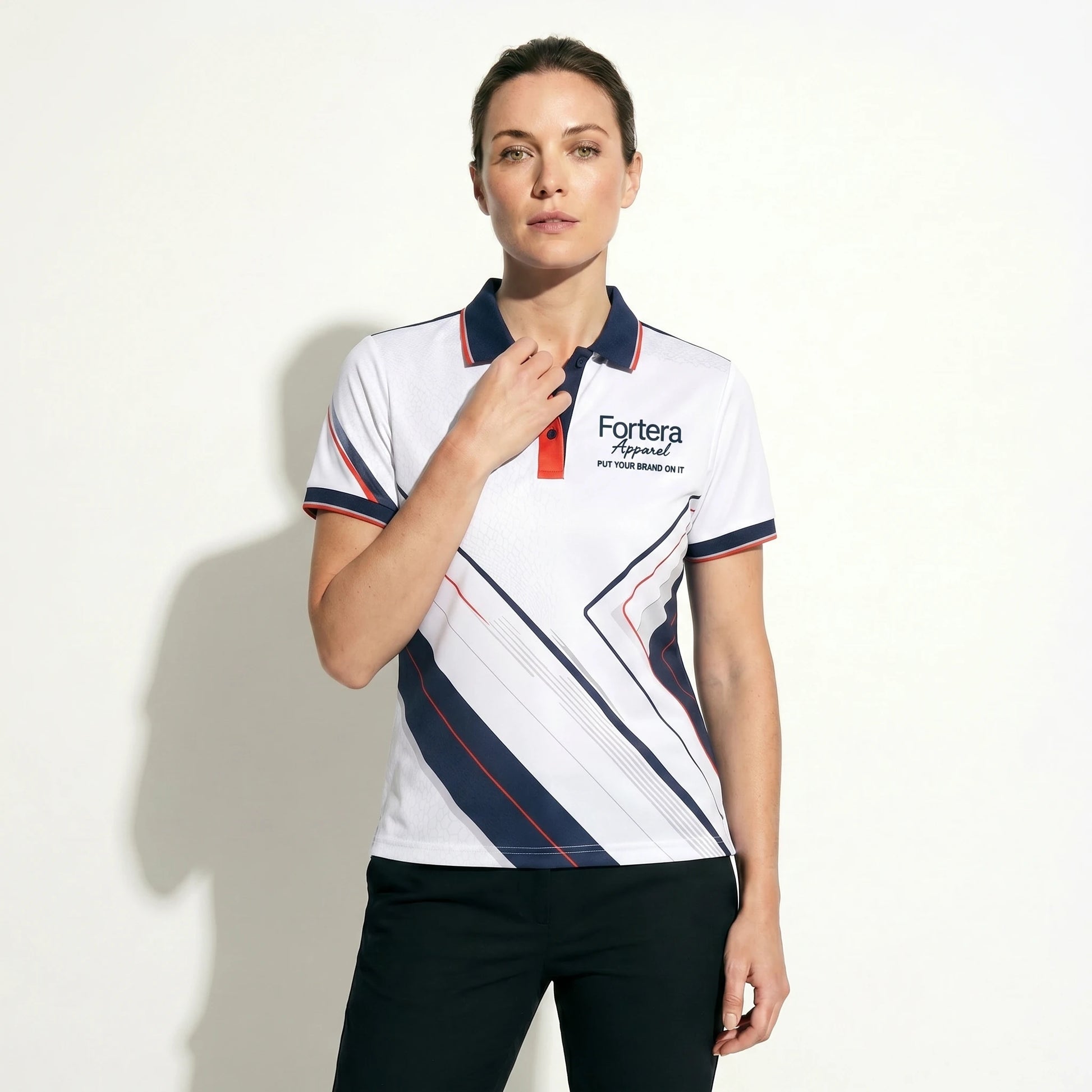 All Over Print Polo Shirt Geo Cross Line close-up chest logo placement - Fortera Apparel