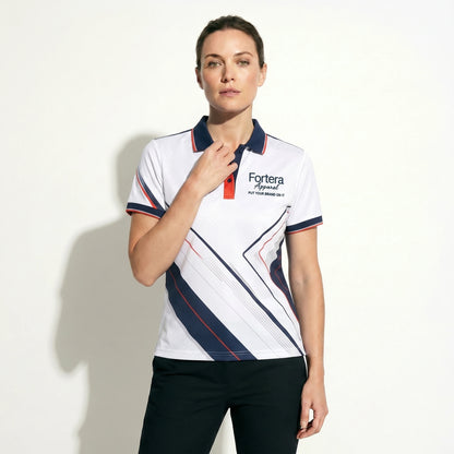 All Over Print Polo Shirt Geo Cross Line close-up chest logo placement - Fortera Apparel