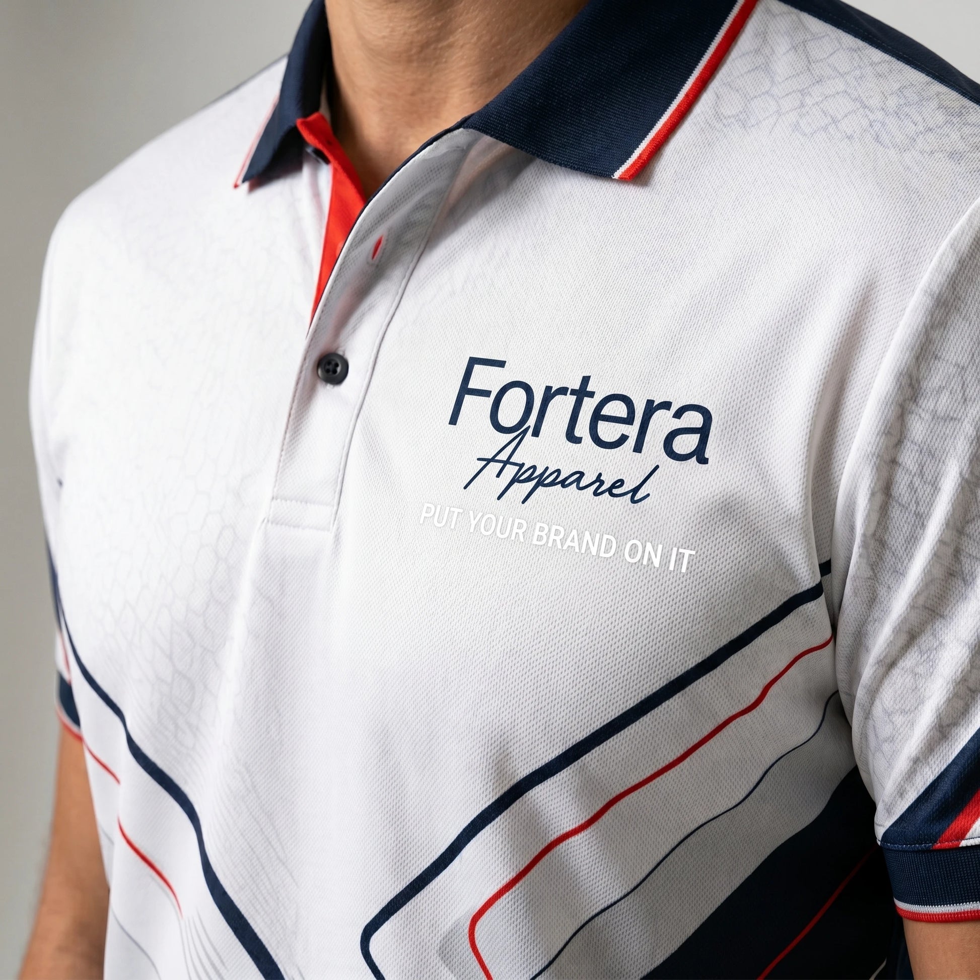 All Over Print Polo Shirt Geo Cross Line side angle detail - Fortera Apparel