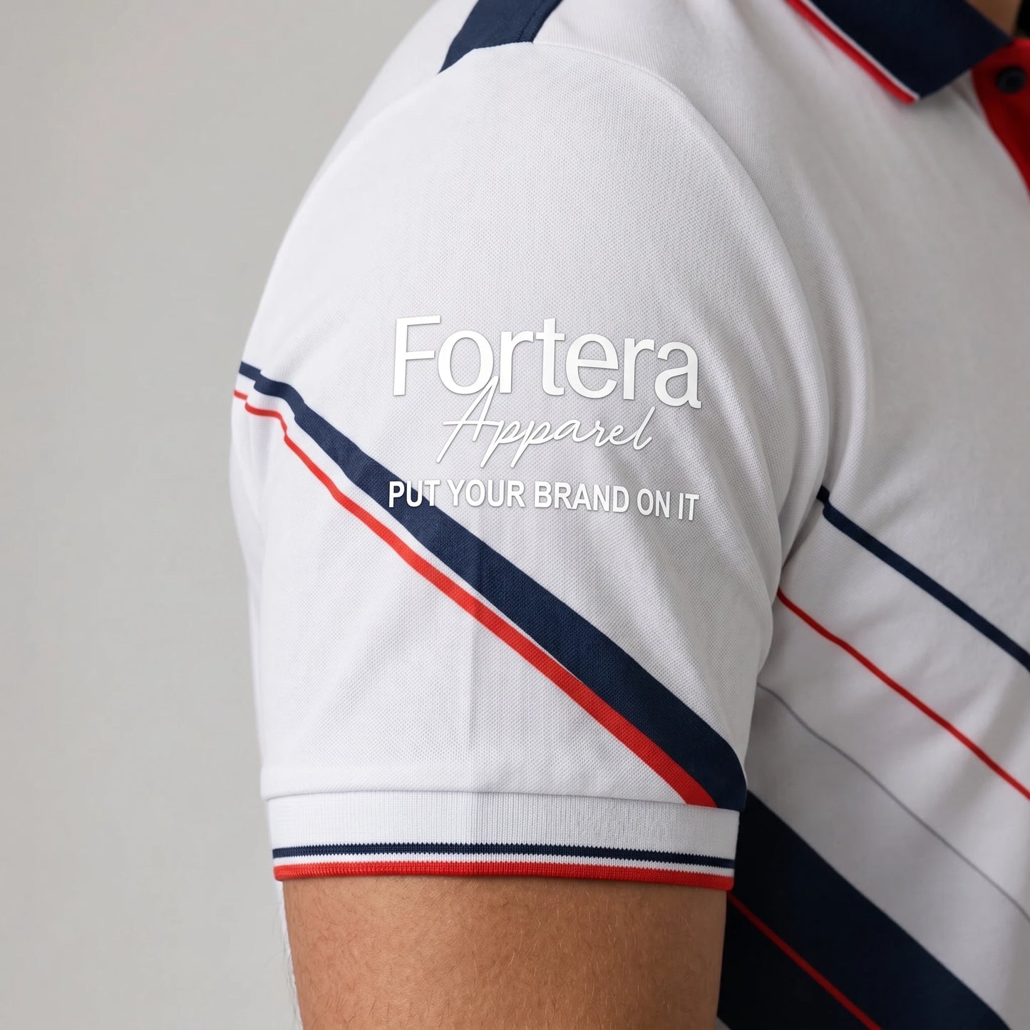 All Over Print Polo Shirt Geo Cross Line sleeve detail - Fortera Apparel
