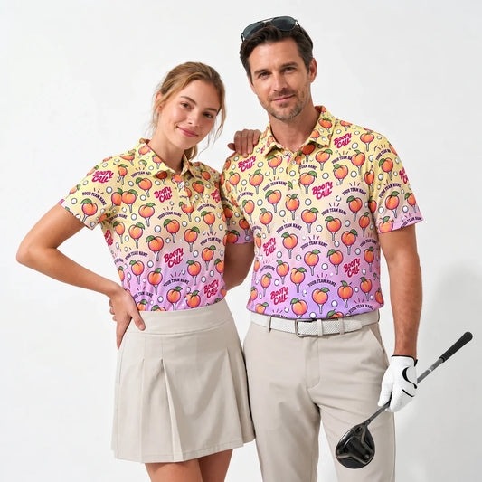 All Over Print Polo Shirt Golf Peach funny golf polo worn by two golfers