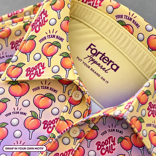 Close-up of the golf peach print on the collar of a funny golf polo