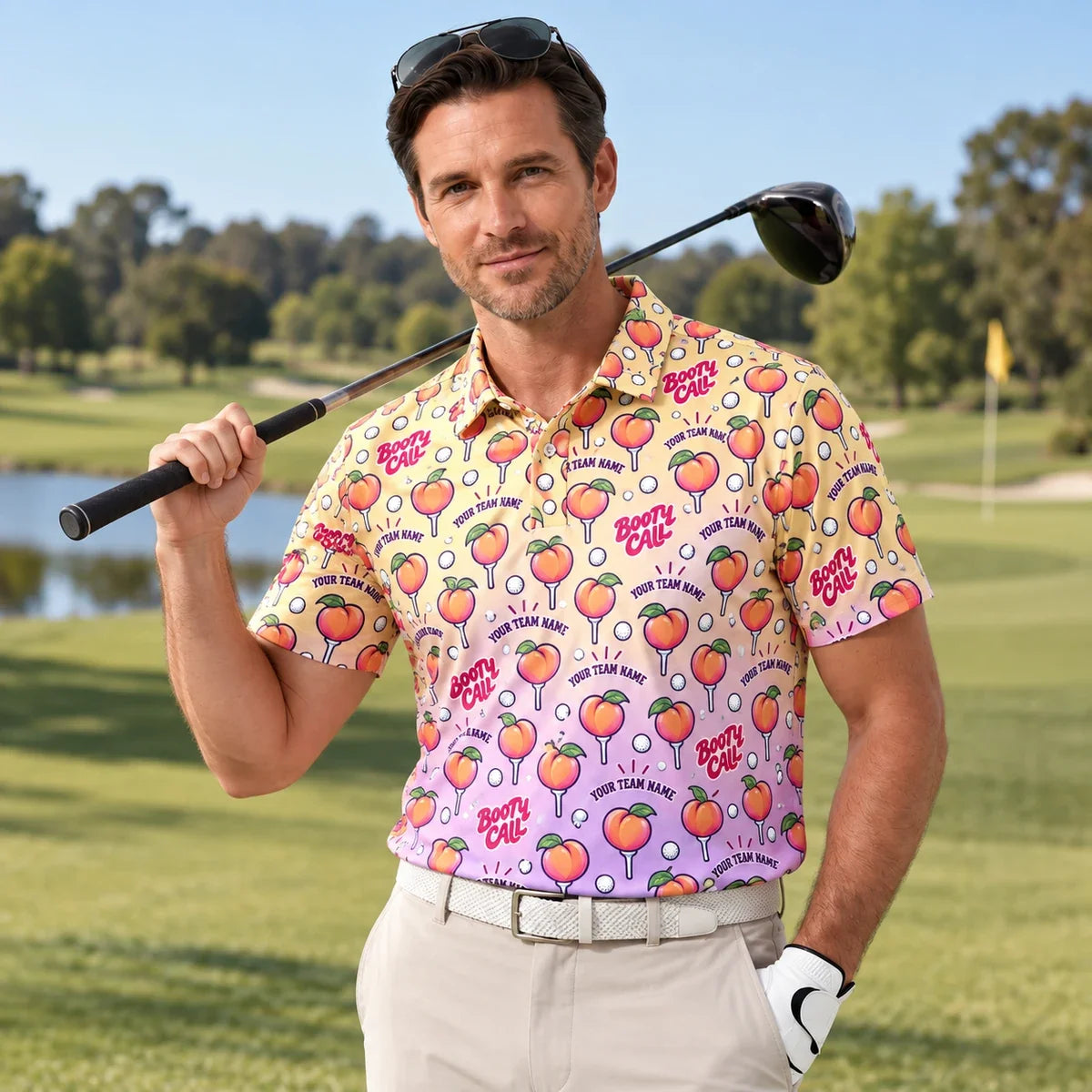 Man wearing the All Over Print Polo Shirt Golf Peach funny golf polo on a golf course